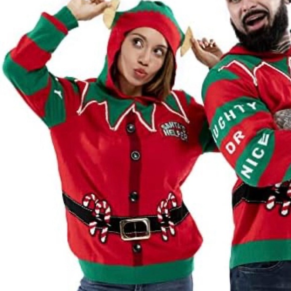 U Look Ugly Christmas Sweater Sz Medium Unisex Adult Hooded Santa’s Helper New - Picture 1 of 12
